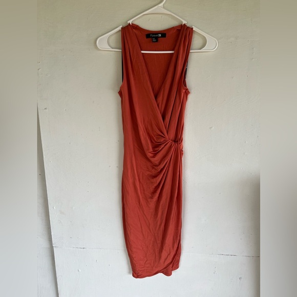 Forever 21 Orange/Pink Salmon Knotted Cute Pretty V Neck Bodycon Dress S - Picture 1 of 4